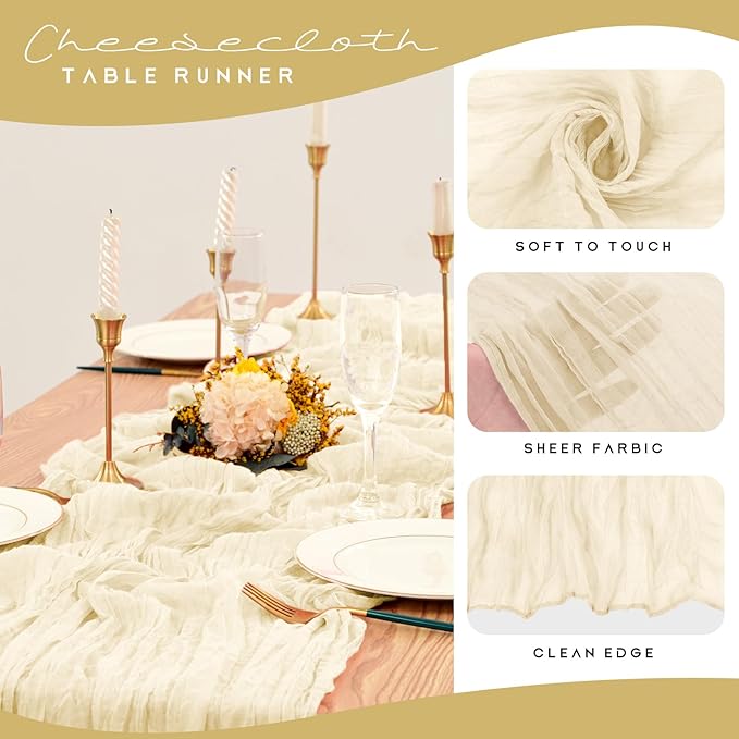 12 Pack Cheesecloth Table Runner 35 x 70 inch Long Boho Cheese Cloth Gauze Table Runners Semi Sheer Table Runner for Wedding Decor, Bridal Shower, Birthday Party (Ivory)