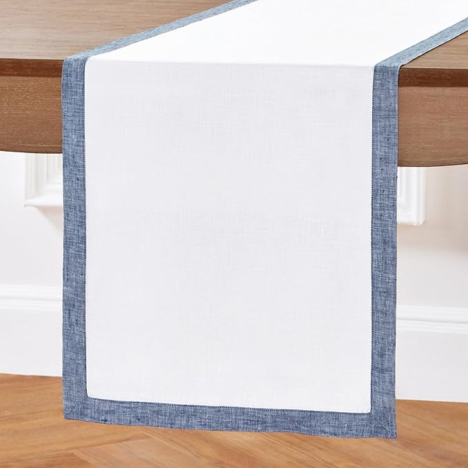 Solino Home Linen Table Runner 60 Inches - 100% Pure Linen Chambray Indigo and White Small Table Runner 14 x 60 Inch Ideal for Dresser and Coffee Tables - Classic