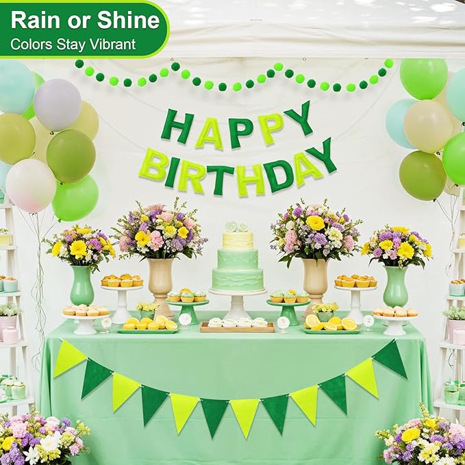 Pre-Strung Happy Birthday Banner & Felt Garland Set - Ombre Green Birthday Decorations for Women Men Boys Girls | Reusable Party Supplies for Indoor & Outdoor