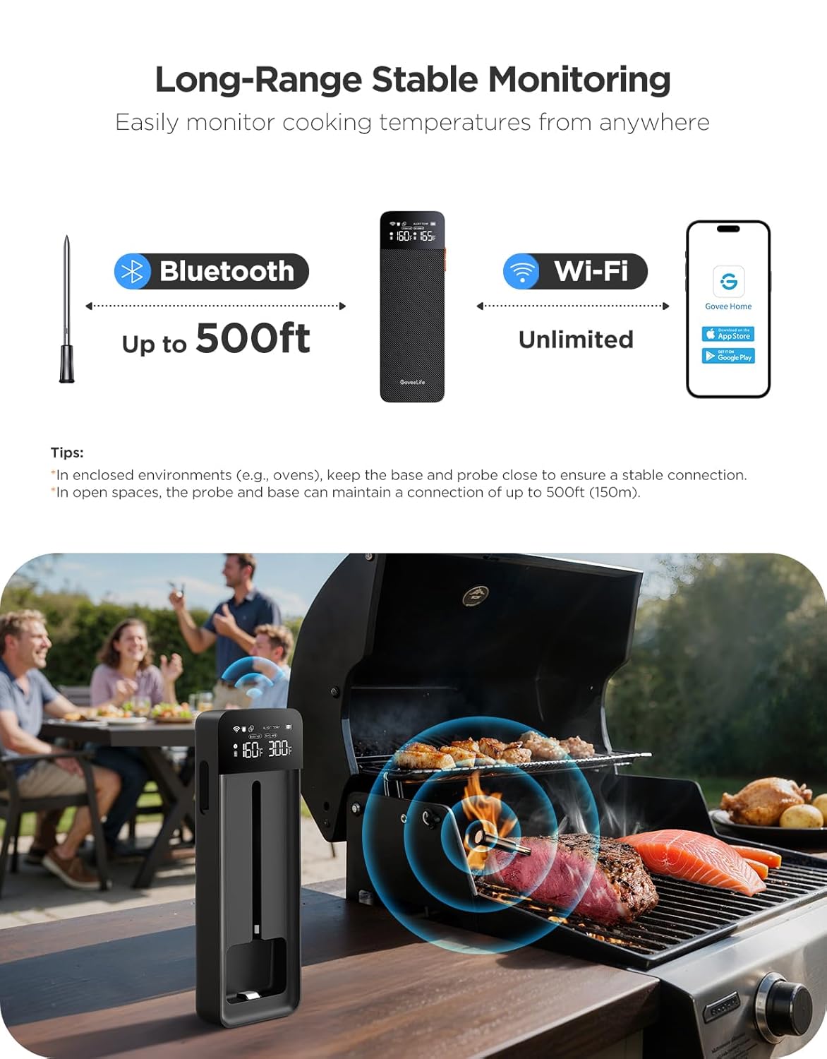 GoveeLife Wireless Meat Thermometer, 500FT Bluetooth Range Food Thermometer with Sensors, Instant Read, Standalone Display Base, IP68 Waterproof Real Time Monitoring Smart Alerts for BBQ, Grill, Oven