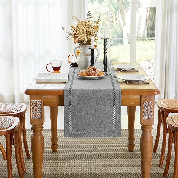 Burlap Style Farmhouse Table Runner, 13 x 60 Inch Grey, Rustic Geometric Hollow Table Runners 60 Inches Long for Dresser Table Everyday Use, 13x60 Inches, Grey