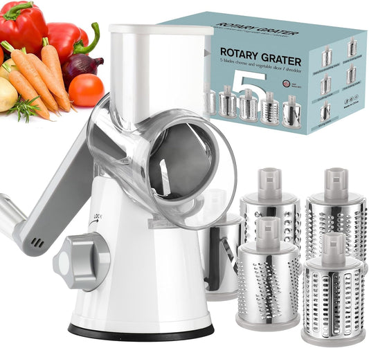 Ourokhome Rotary Cheese Grater Hand Crank, Kitchen Shredder Speed Mandolin Slicer Ice Shaver with Handle and Drum Blades for Cheese, Vegetable, Nuts, Chocolate, Potato, Carrot, 5 Blades, White