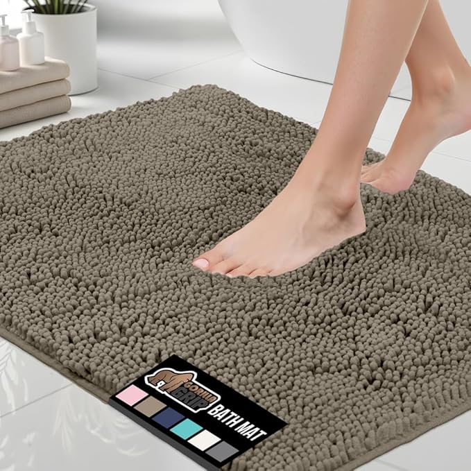 GORILLA GRIP Bath Rug Mat, Thick Soft Absorbent Chenille, Quick Dry Microfiber Mats, Rubber Backing Washable Shower Floor Rugs, US Designed Bathroom Bathmat Home Decor Accessories, 24x17, Latte