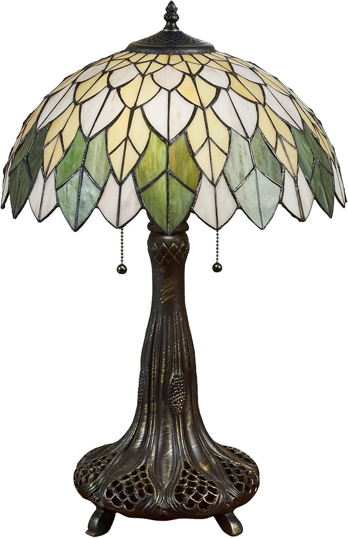 Marissa Abstract Magnolia Flower Stained Glass Table Lamp | Handcrafted Art Glass Shade with Iridescent Pale Yellow, Off-White, & Green Hues | Bronze Tree Trunk-Style Base | Dual Pull Chain Lighting