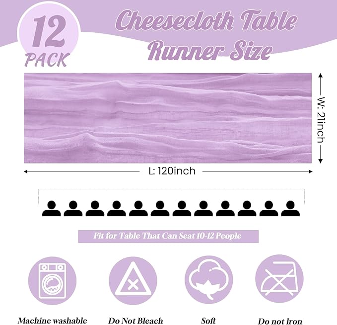 12 Pack Lavender Table Runner 10FT Cheesecloth Table Runner 21 x 120 inch Boho Gauze Cheese Cloth Table Runner Rustic Sheer Table Runner for Party Wedding Bridal Baby Shower Birthday Table Decor