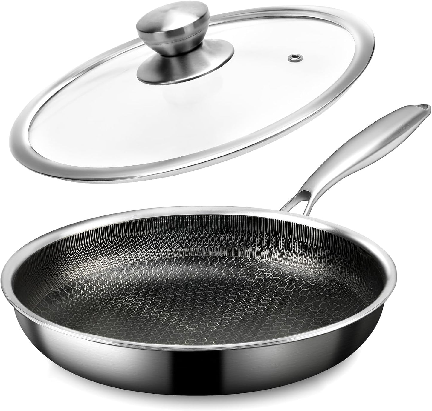 Stainless Steel Frying Pan with Lid - 9.5 Inch Nonstick Frying Pan with Lid, Honeycomb Stainless Steel Skillet Omelet Chef's Pan with Stay Cool Handle, Induction Compatible, PFOA Free