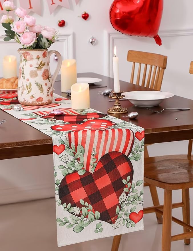 Eucalyptus Hearts Valentine's Day Table Runner 13"x72" & 4 Pcs 12"x18" Placemats Sets with 12 Heart Balloons, Love Letter Balloons, Stickers & Blowing Straw for Home Party Decor