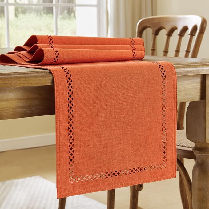 Fall Table Runner Decorations, Burlap Style Farmhouse 13 x 48 Inch Orange Table Runner, Rustic Geometric Hollow Table Runners 48 Inches Long for Autumn Thanksgiving Decorations, 13x48 Inches, Orange