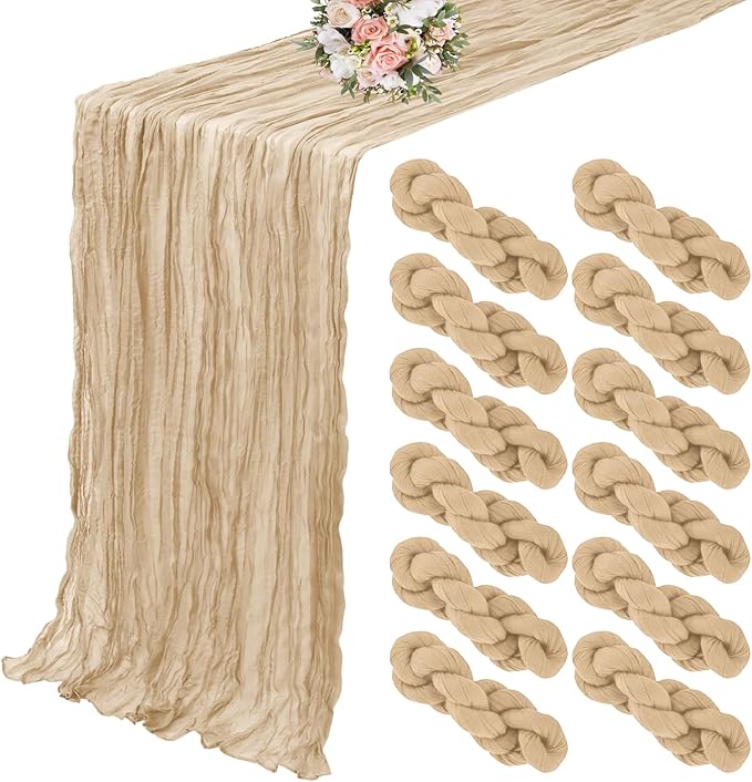 12 Pack Cheesecloth Table Runner 20 x 120 inch Cheese Cloth Table Runner Bulk,Romantic Boho Sheer Gauze Fabric Table Runners for Wedding Reception,Party,Bridal Shower Table Decor(Beige)