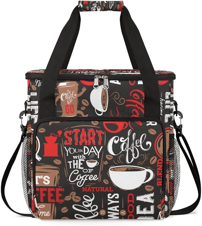 Red Start Day With Coffee Coffees Maker Carrying Bag Coffee Machine Travel Storage Tote Bag Compatible with K-Mini or K-Mini Plus, Portable Single Serve Coffees Brewer Case with Pockets for K-Cup Pods