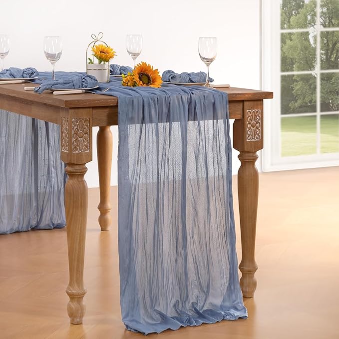 Dusty Blue Cheesecloth Table Runner 10 Pack Christmas Table Runners Boho Gauze 120 Inches Blue Table Decor for Xmas Holiday Season Parties Marine Weddings Bridal Baby Shower Birthday Party
