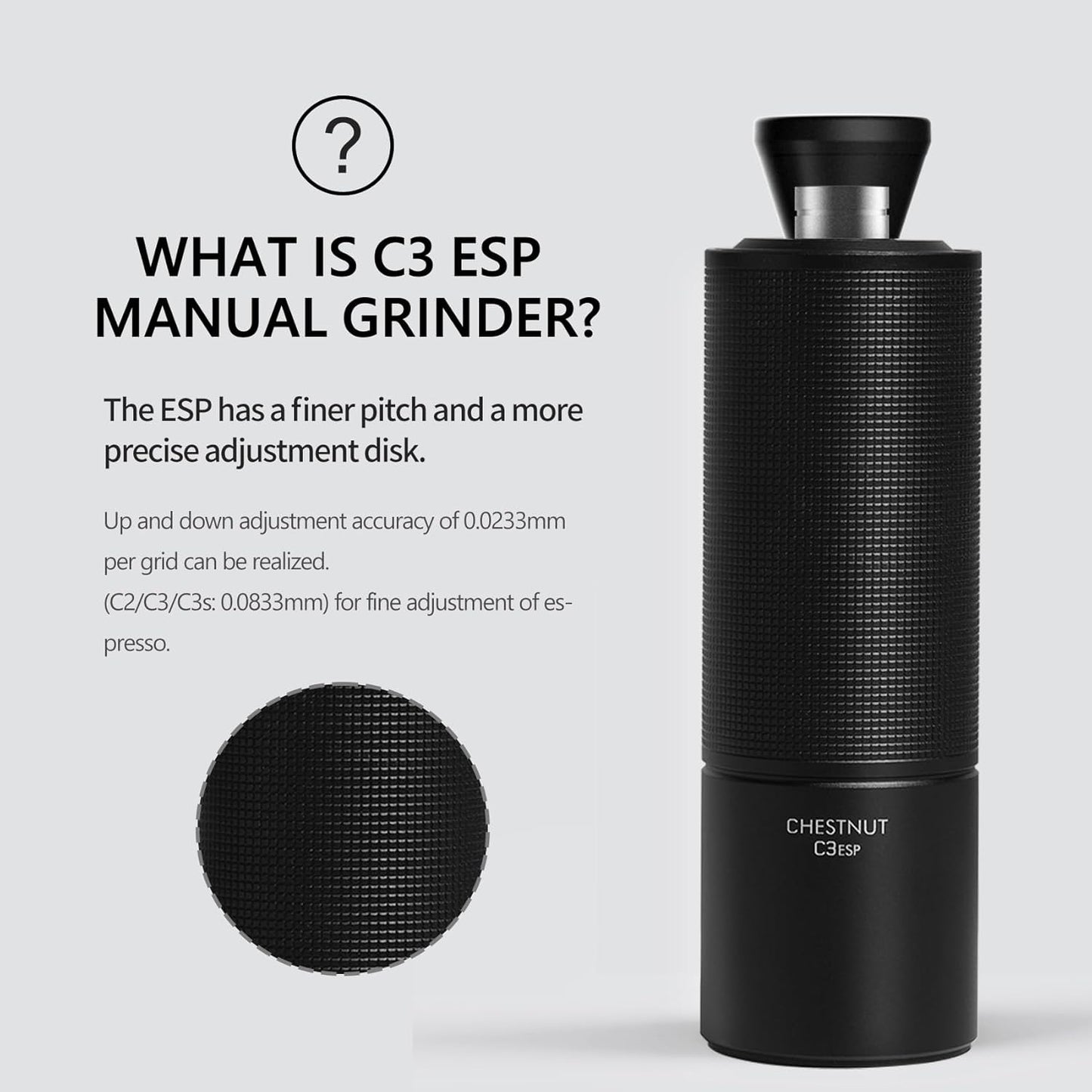 TIMEMORE Chestnut C3 ESP Manual Coffee Grinder, Stainless Steel S2C Portable Conical Burr Hand Coffee Grinder, Adjustable Grind Setting for Espresso to French Press - Black