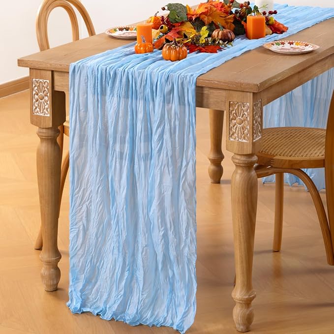 MLMC Light Blue Table Runner Baby Blue Cheesecloth Table Runner 10ft Baby Shower Decorations Rustic Gauze Cheese Cloth Centerpiece 35x120 Inches for Gender Reveal Birthday Party Wedding Decor