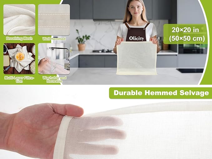 Olicity Cheesecloth Bulk, 8PCS, Grade 100, 20x20Inch Hemmed Cheese Cloth Fabric Reusable Fine Mesh Cloth, 100% Cotton Unbleached Precut Muslin Cheesecloth for Straining, Cooking, Baking, Cheese