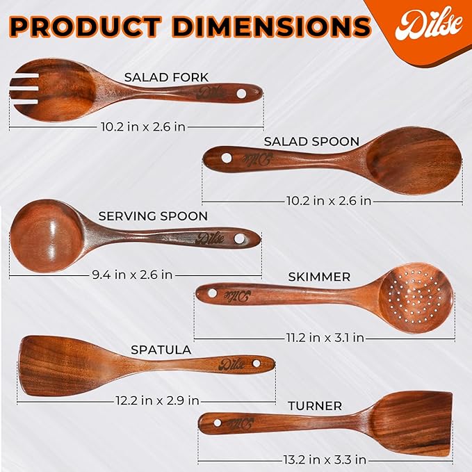 Wooden Kitchen Utensil Set, Cooking Spoons with Storage Holder, Non Stick, Heat Resistant and Lightweight, 7 Pcs Set, Teak Wood