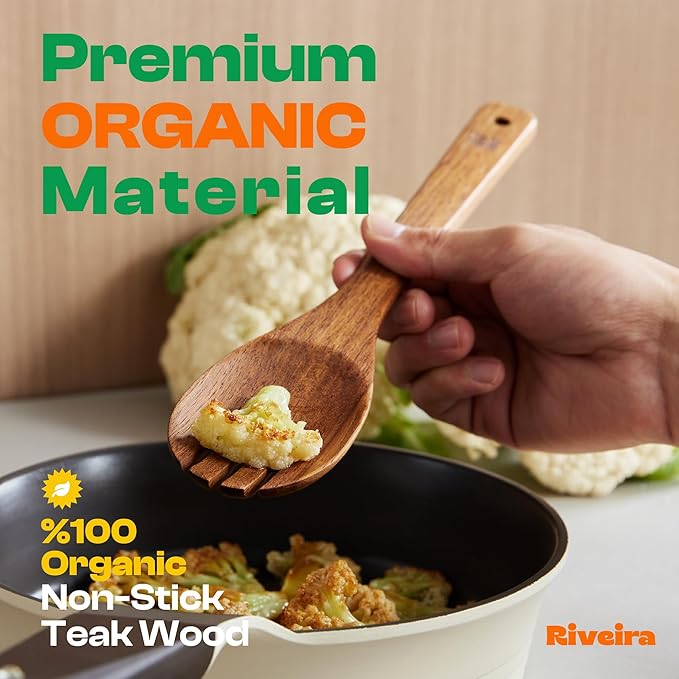 Riveira Teak Wooden Spoons for Cooking Set of 9 – Natural Teak Wooden Cooking Utensils, Wooden Spatula, Wooden Spoon - Premium Quality Utensil Set for Non-Toxic Cooking
