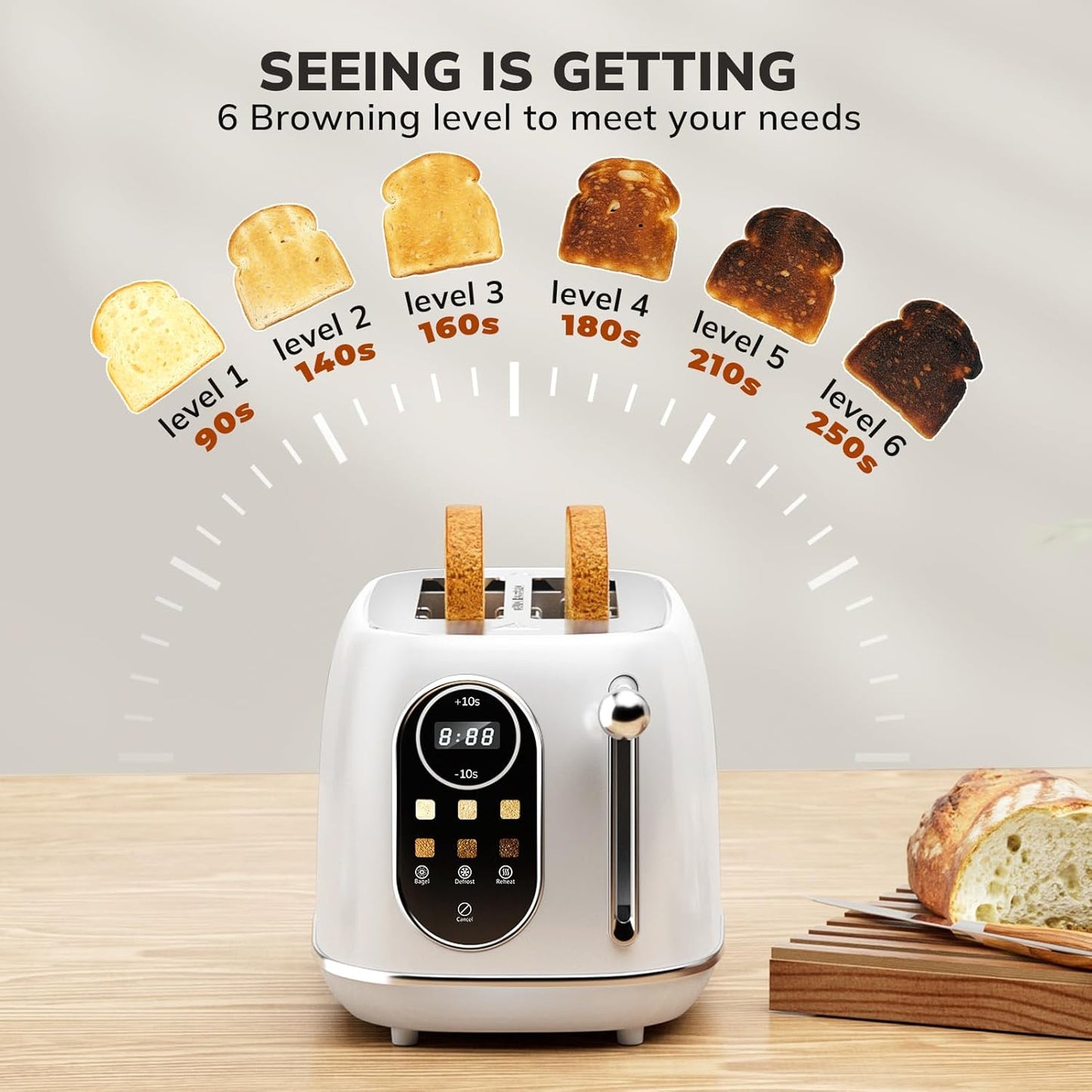 Keenstone Smart Touch Screen Toaster 2 Slice, Retro Wide Slot Stainless Steel Toaster with 6 Browning Levels, Reheat & Defrost, for Bagel, Toast, Bread, Removable Crumb Tray, White