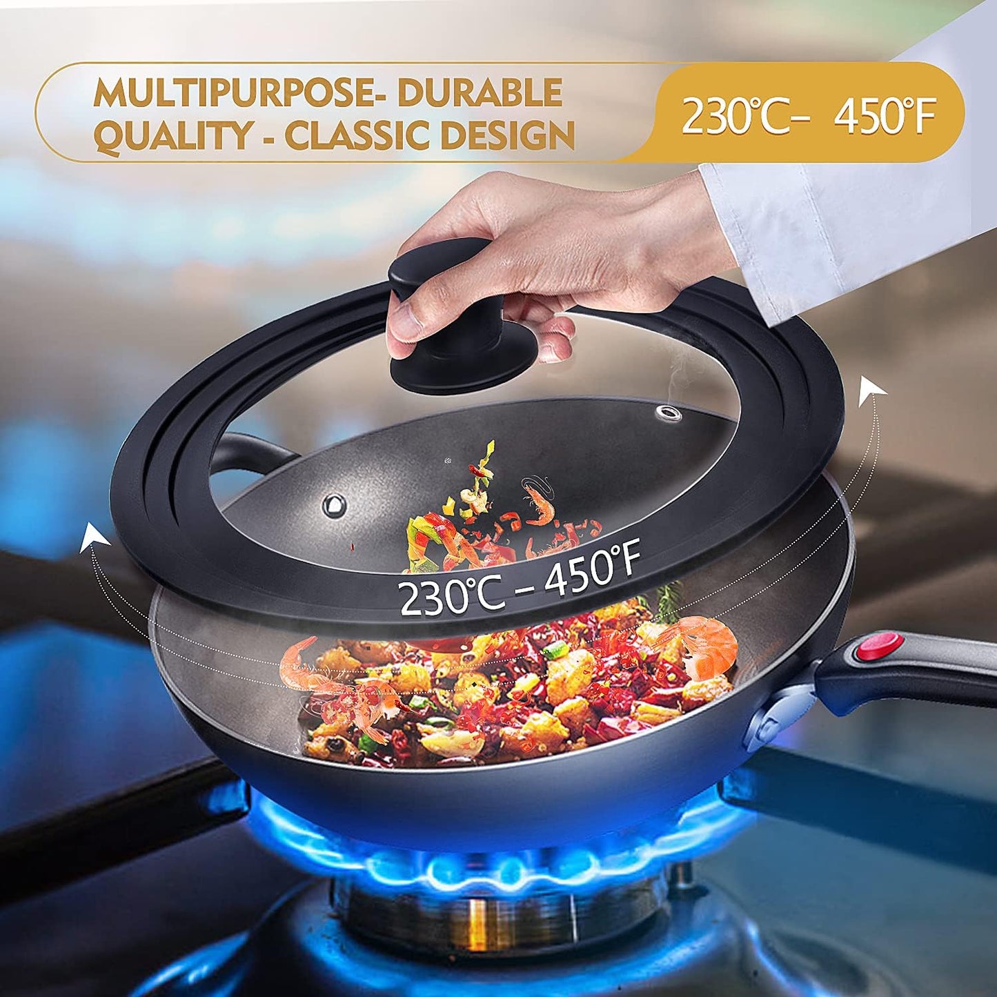 Universal Lid for Pots, Pans and Skillets, Pot Lid With Heat Resistant Silicone Rim and Tempered Glass,Fits 6.5", 7", 8" Diameter Pots and Pans