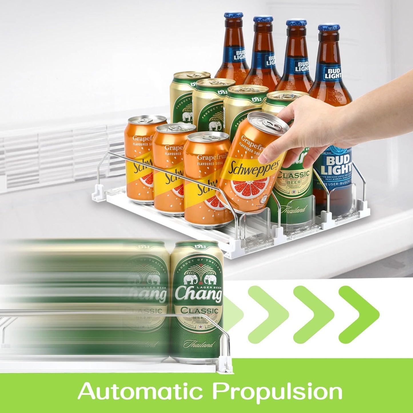 Soda Can Dispenser for Refrigerator - 3 Row Automatic Pusher Glide, Fridge Bottle Rack Drink Organizer, Self-Pushing Width Adjustable Beverage Storage Holds Up to 12 Cans (12.2inch, White)