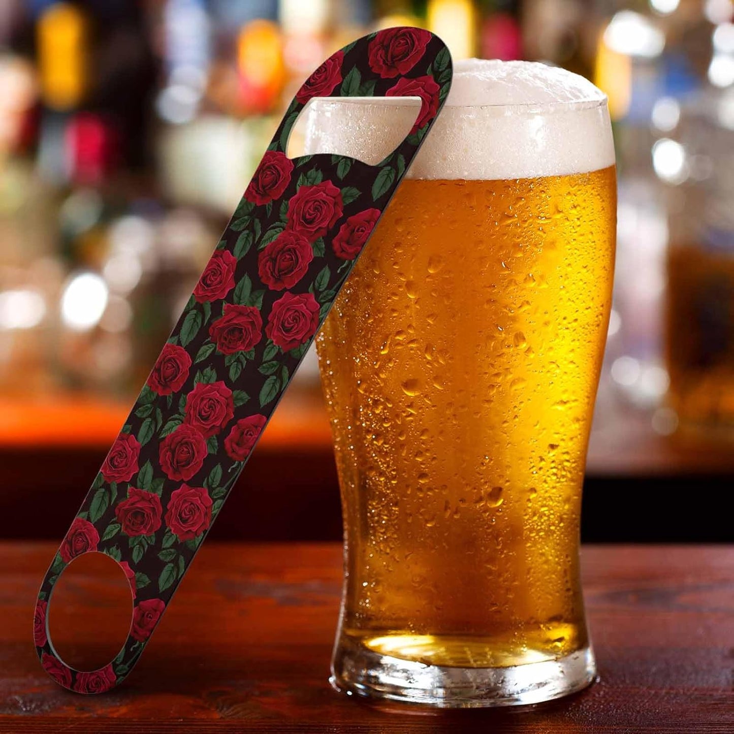 Red Rose Stainless Steel Bottle Opener Flower Art Romantic Floral Petal Blossom Green Leaf Valentine Mother's Day Flat Beer Bottle Opener Keychain for Home Kitchen Bar Restaurant Party Gift