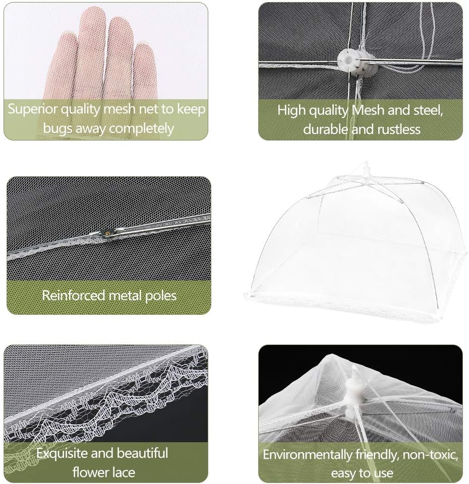 Onarway 6 Pack Food Covers 17 Inch Pop-Up Encrypted Mesh Plate Serving Tents, Fine Net Screen Umbrella for Outdoors, Parties, Picnics, BBQs, Reusable and Collapsible