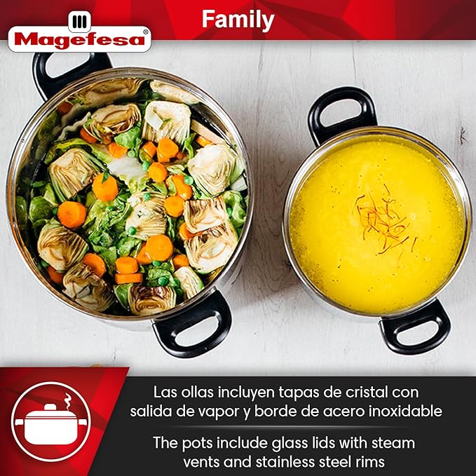 MAGEFESA Family 5-Piece Stainless Steel Cookware Set – Tempered Glass Lids with Steam Vents, Induction-Compatible, Easy to Clean