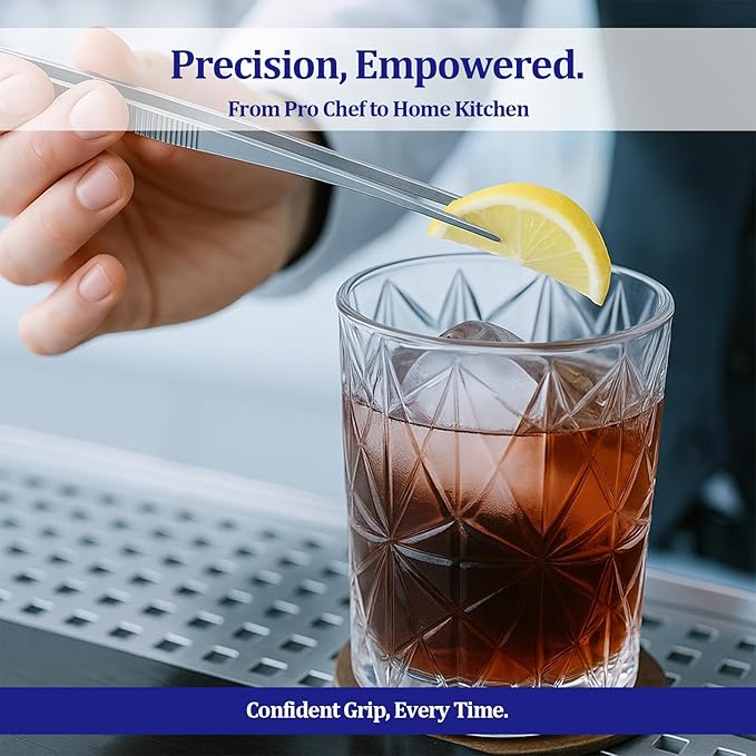 12-inch Stainless Steel Cooking Tongs & Tweezers, Non-Slip Grip & Serrated Tips for Grilling, Baking, Garnishing, BBQ, Kitchen & Craft Use (Straight Tip)