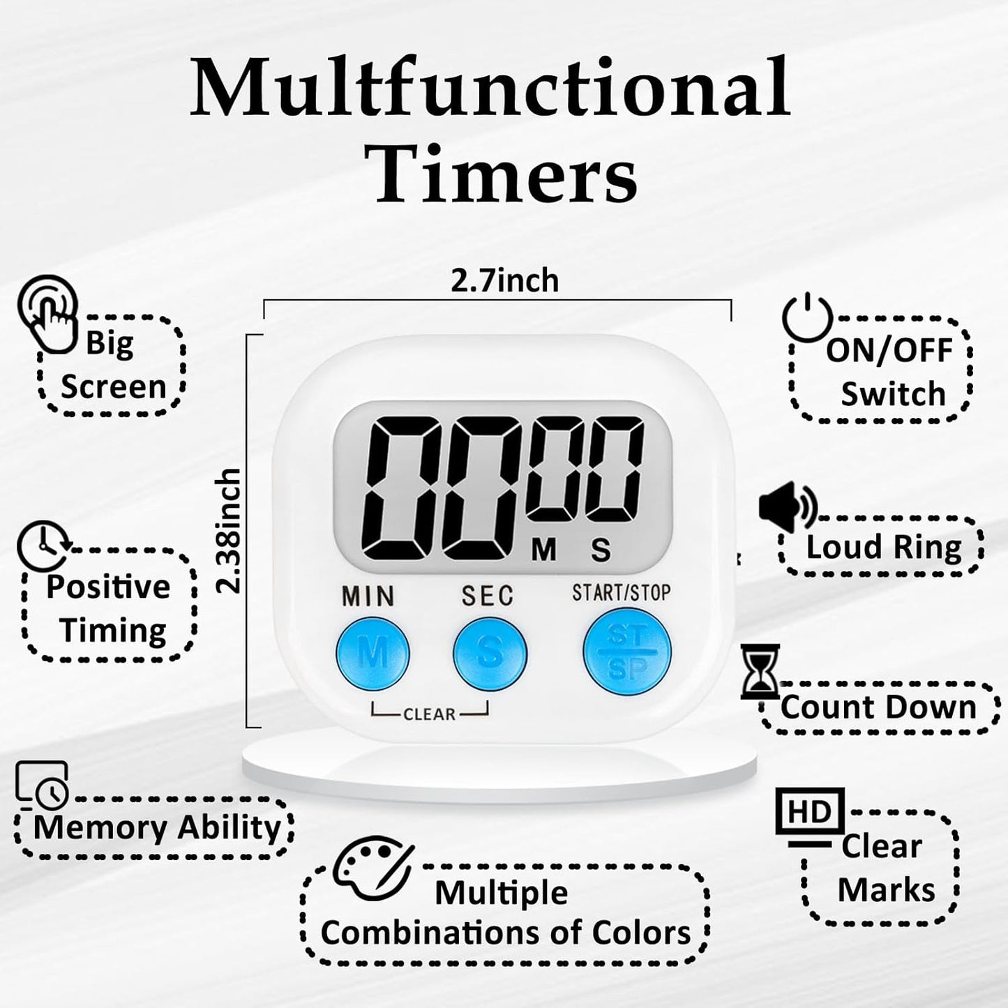 ZILLEEN 12 Pack Kitchen Timers for Cooking Digital Classroom Timers for Kids Teachers White Pink Blue