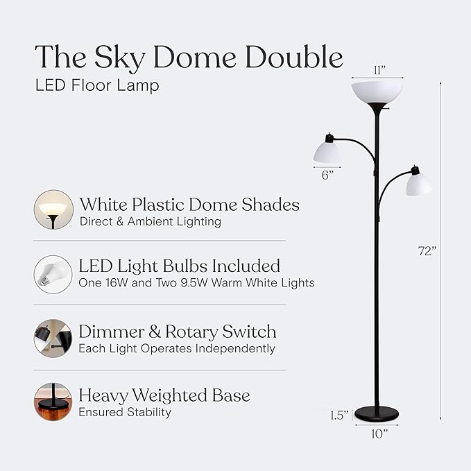 Brightech Sky Dome Double LED Floor Lamp, Torchiere Super Bright Floor Lamp with 2 Reading Lamps for Living Rooms & Offices - Dimmable Tall Standing Lamp for Bedroom Reading - Tall Black Pole