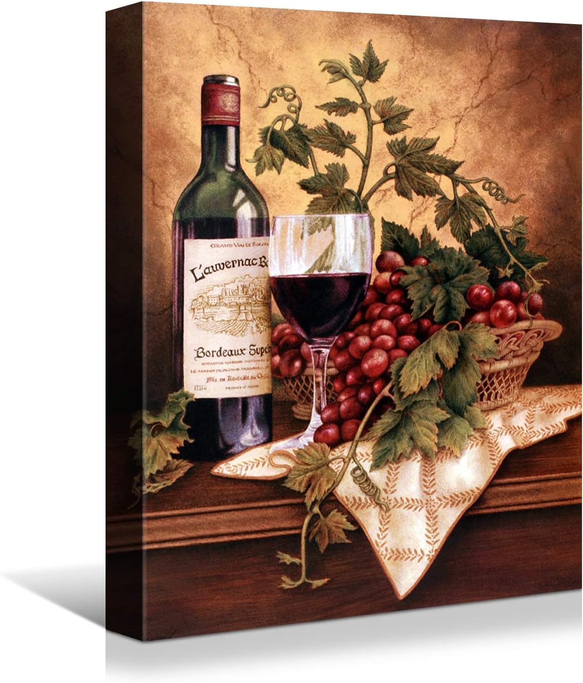 Looife Vintage Wine Bottle & Grapes Canvas Wall Art - Kitchen, Dining Room, Bar Decor - 36x48 inch, Ready to Hang Modern Art Deco