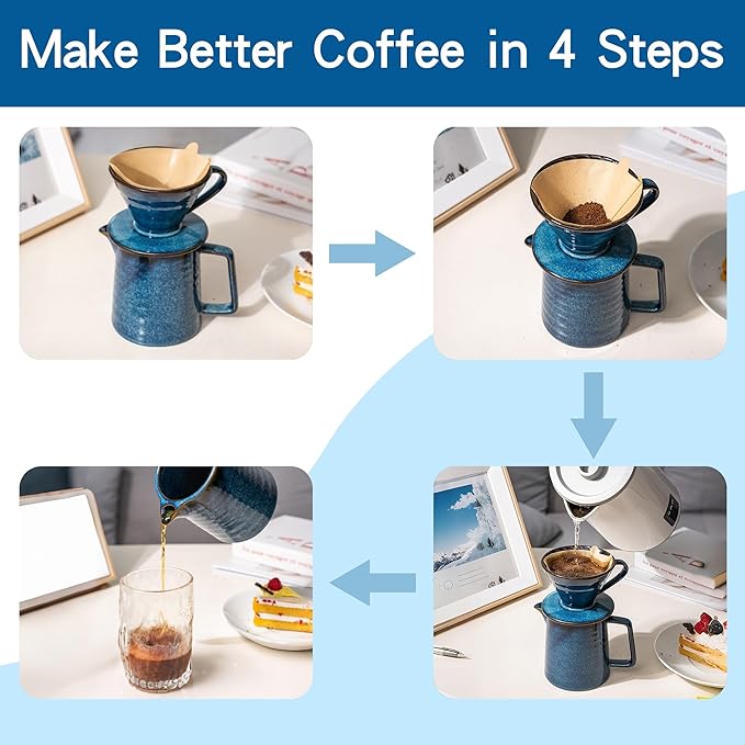 Topadorn Pour Over Coffee Maker Set, 13 Oz Ceramic Coffee Maker & Pour Over Coffee Dripper, Reusable Drip Coffee Maker for Café Restaurant Home Camping, Blue