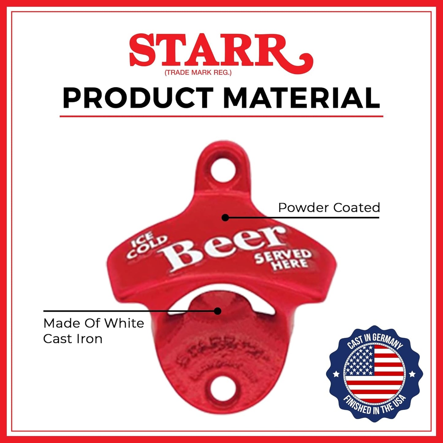 STARR "X" Ice Cold Beer Sold Here Bottle Opener | Heavy-Duty Bottle Opener Wall Mounted for Home Bar, Man Cave, and Patio | Easy Cap Removal, Red