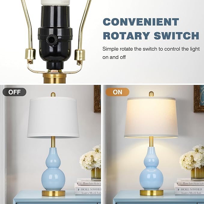 25" Modern Ceramic Table Lamps Set of 2, Blue Double Gourd Ceramic Lamps for Living Room, Coastal Farmhouse Rustic Bedside Nightstand Nautical Lamps for Bedrooms Home Office Dorm(2 LED Bulbs Included)
