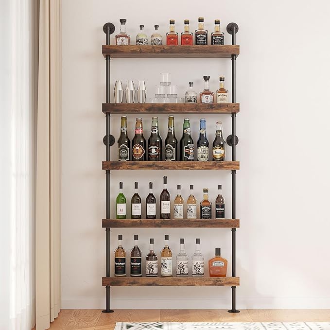 5-Tier Wall Mounted Wine Rack, Industrial Pipe Bar Shelf for Wine Bottle Storage, Industrial Pipe Shelves Shelf Shelving for Home Bar Dining Room Kitchen (40" W x 79" H x 8.6" D)