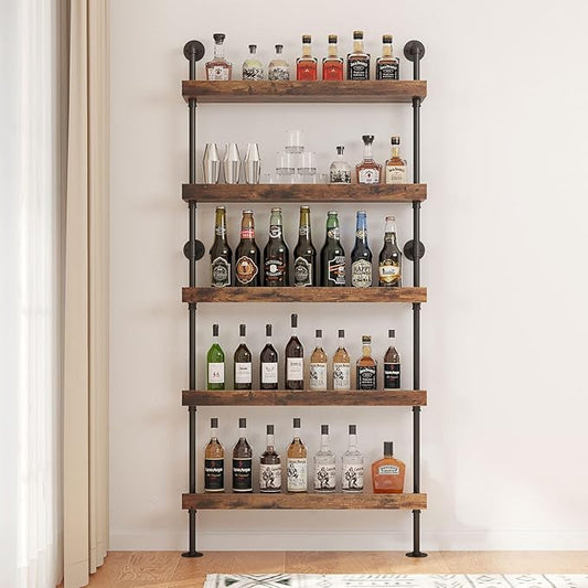 5-Tier Wall Mounted Wine Rack, Industrial Pipe Bar Shelf for Wine Bottle Storage, Industrial Pipe Shelves Shelf Shelving for Home Bar Dining Room Kitchen (40" W x 79" H x 8.6" D)