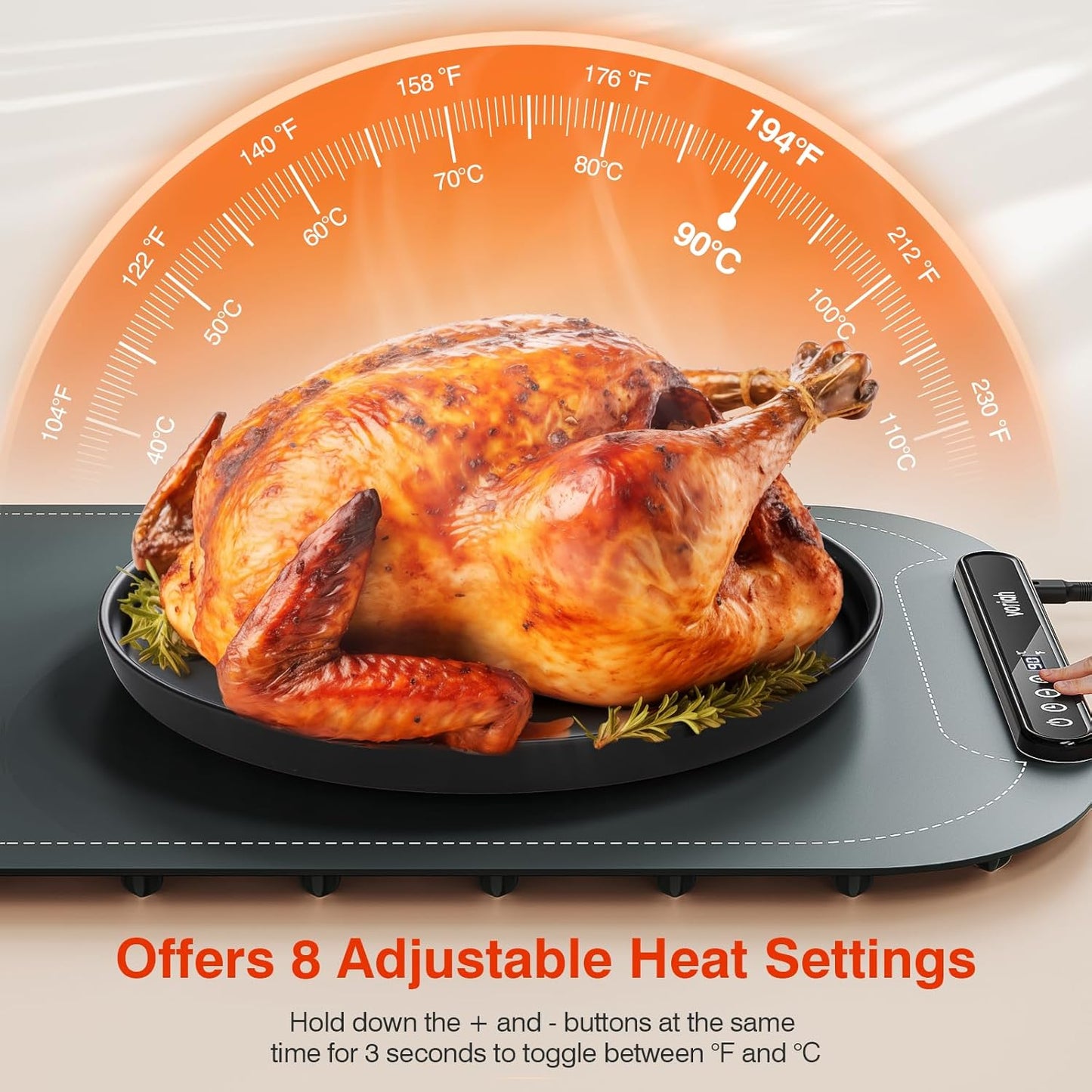 Warming Mat for Food, Voriah Electric Warming Tray with 99H Timer & 8 Temperature Settings, Foldable Food Warmer with °C/°F Switch, Keeps Food Warm at Buffets, Sabbath, Family Gatherings