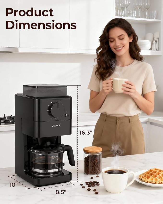 10 Cup Coffee Maker with Grinder Built in, Automatic Grind and Brew Coffee Machine with Glass carafe, Reusable Filter, Auto shut off, Warming plate, for Home Offices or Large Families, Black
