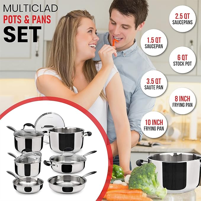 AVACRAFT 18/10 Stainless Steel Cookware Set, Premium Pots and Pans, Kitchen Essentials For Cooking, Multi-Ply Body Stainless Steel, 10-Pieces