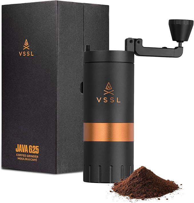 VSSL Java G25 Manual Coffee Grinder | Coffee for Camping | Bean Grinder | Travel Pour Over | Stainless Steel Conical Burr | ~ 25 Gram Capacity | Extendable Grind Handle | 50 Grind Settings | Carbon