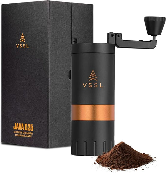 VSSL Java G25 Manual Coffee Grinder | Coffee for Camping | Bean Grinder | Travel Pour Over | Stainless Steel Conical Burr | ~ 25 Gram Capacity | Extendable Grind Handle | 50 Grind Settings | Carbon
