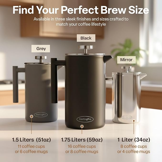 Extra Large French Press Coffee Maker 59 oz (1.75L), Large Capacity Stainless Steel Big French Press XL, Thermal Insulated Black Coffee Maker with Double Walled Insulation, Black