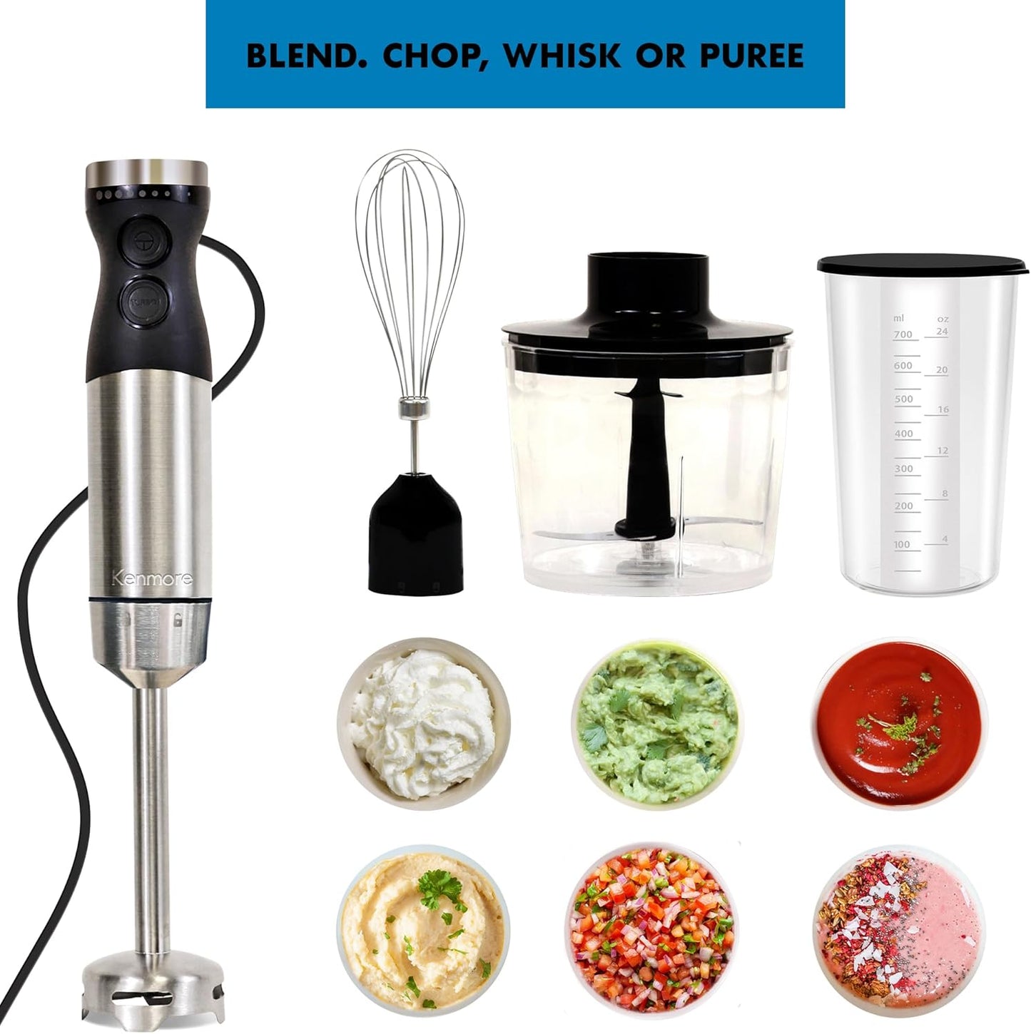 Kenmore Immersion Blender - Handheld Stick Mixer For Kitchen, Food Chopper, Whisk, Smoothie Milkshake Maker, Blend Baby Food, Protein Shake, Puree, Batidora De Inmersión Stainless Steel Blade, Black