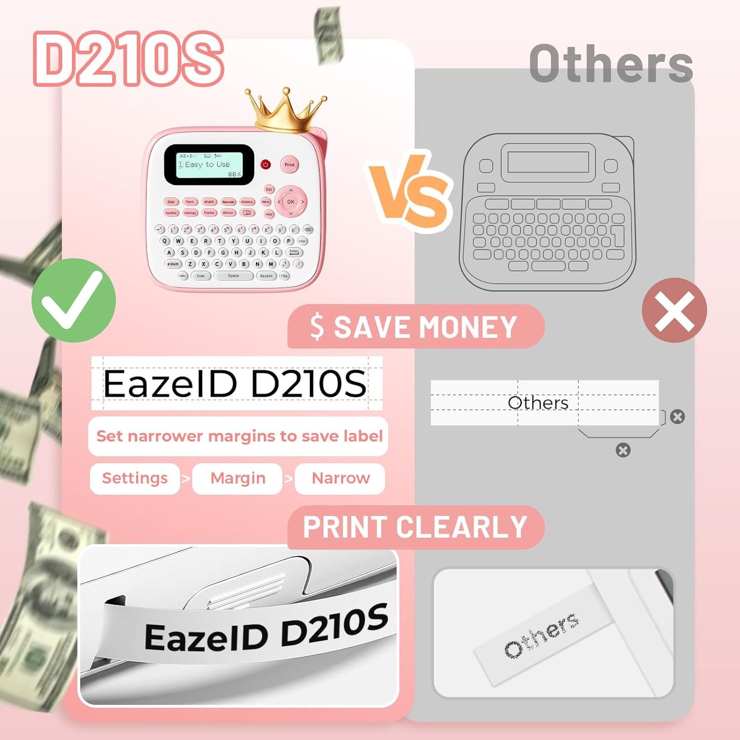 Pink Label Maker Machine with-Tape, Kids Label Maker Waterproof-Labels, D210S Portable Labeler Machine Multiple Fonts Frames Barcode for Home Kitchen Office School Use