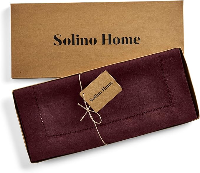 Solino Home Linen Burgundy Table Runner 144 Inches Long - 100% Pure Linen Extra Long Table Runner 14 x 144 Inch for Christmas, Holiday, Winter, New Year - Classic Hemstitch