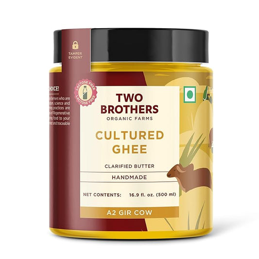 Grass Fed A2 Cultured Ghee | Gir Cow Ghee | Clarified Butter | Cultured Desi Ghee ,Non-GMO, Lactose-Free, Keto Friendly - Two Brothers Organic Farms (16 fl oz (500 ml) Plastic)