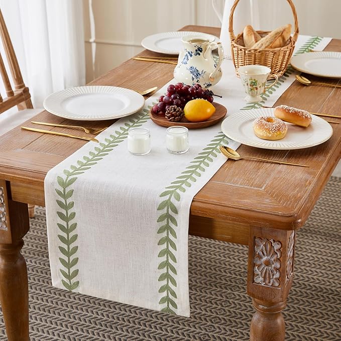 Wracra Embroidered Table Runner Irregular Willow Leaf Table Runners 72 Inches Long for Dresser Home Dining Table Decor,14 x 72 Inch, Light Sage Green