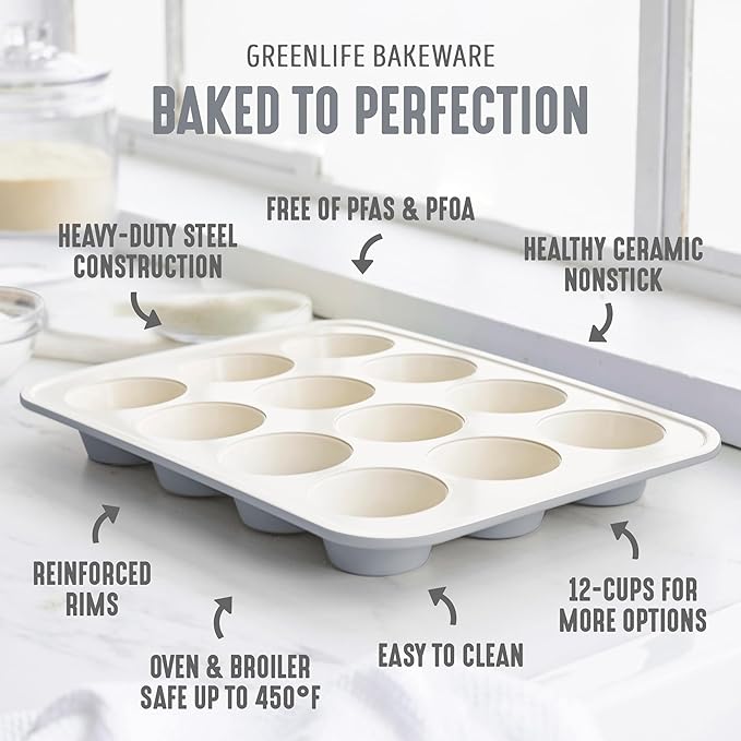 GreenLife 12-Cup Muffin Pan, Healthy Ceramic Nonstick Bakeware, PFOA & PFAS-Free Cupcake Sheet, Durable Baking Tray, Versatile Kitchen Essentials, Easy Clean Muffin Mold, Nonstick Baking Pan, 6 pack
