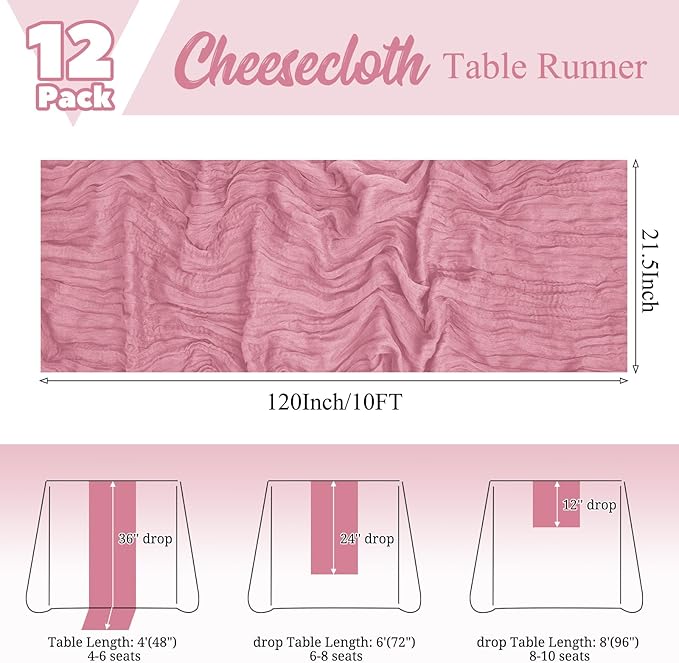 12 Pack Dusty Rose Table Runner 10Ft Long Cheesecloth Table Runner Rustic Gauze Table Runner Romantic Sheer Fabric Cheese Cloth Table Runners for Wedding Party Bridal Baby Shower