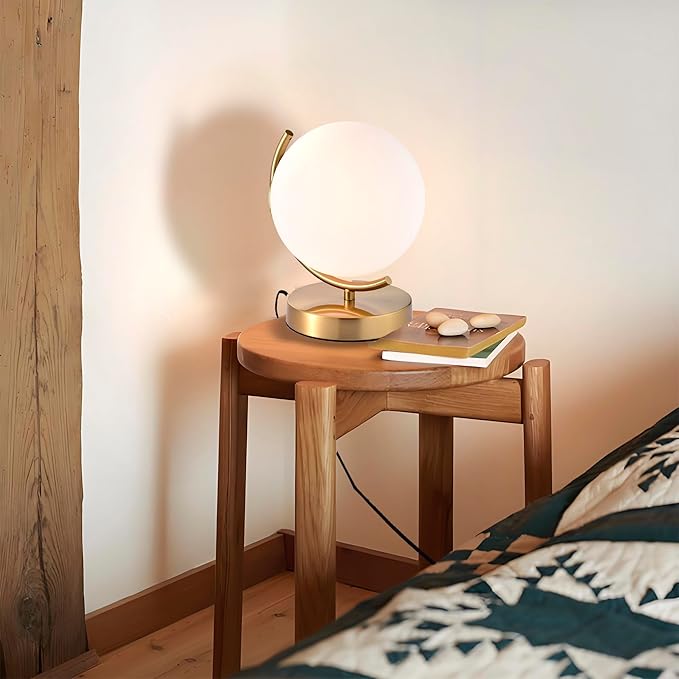 Gold Modern Globe Table Lamp with 7.1'' Glass Goble Shade Mid Century Table Lamps Desk lamp Metal Standing lamp for Bedroom Living Room Office