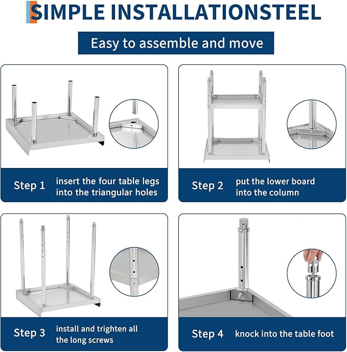 30x30x30 in Stainless Steel Equipment Grill Stand Table 400 LBS Capacity NSF Certified with Adjustable Legs, 2 in Edge Baffle, for Hotel, Home, Commercial Restaurant Kitchen